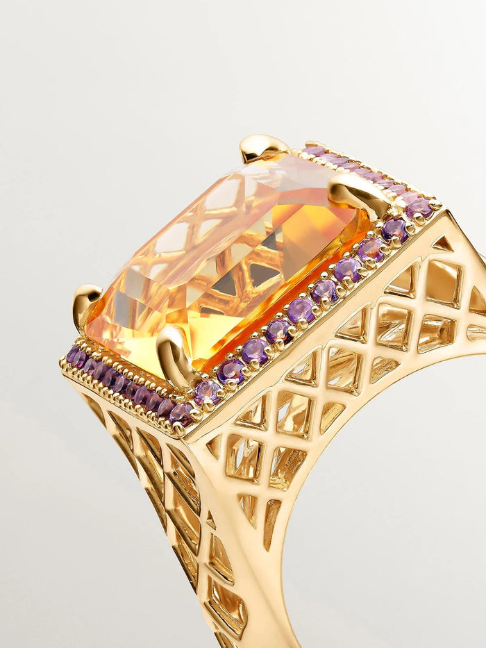 Anillo de plata 925 bañada en oro amarillo de 18K con granate naranja y amatistas moradas