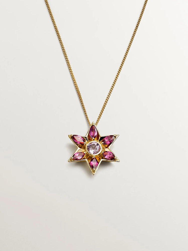 Colgante de plata 925 bañada en oro amarillo de 18K con amatistas y rodolitas en forma de flor
