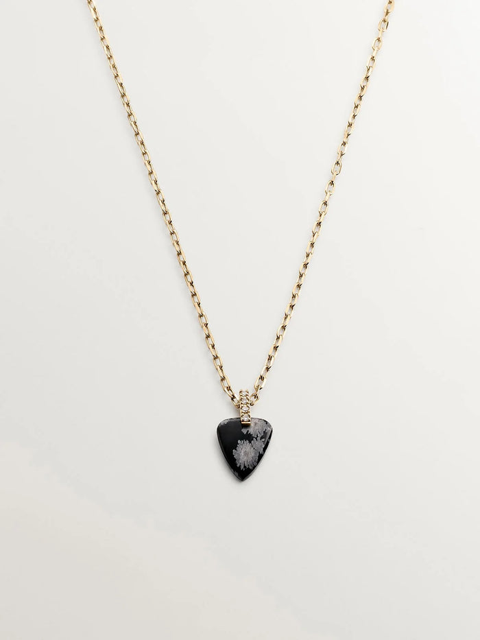 Collar de oro amarillo de 9K con obsidiana negra en talla lágrima y diamantes en talla brillante de 0,03 cts