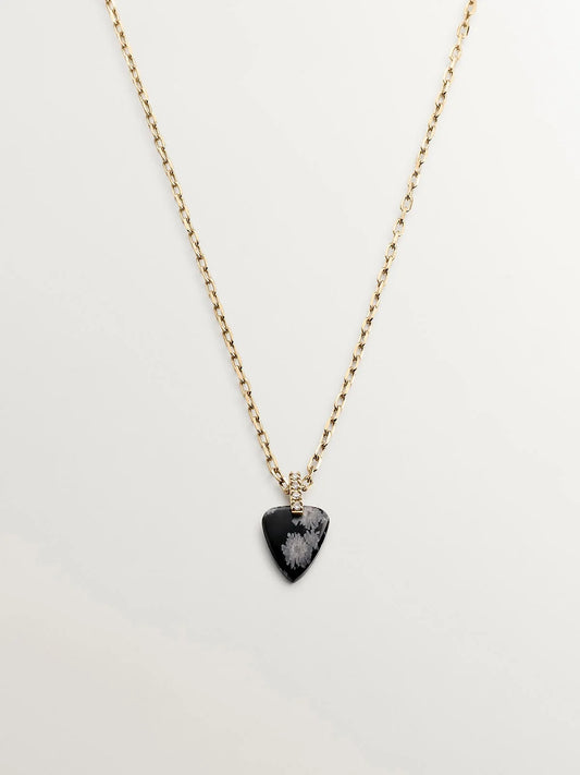 Collar de oro amarillo de 9K con obsidiana negra en talla lágrima y diamantes en talla brillante de 0,03 cts