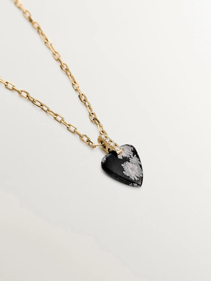 Collar de oro amarillo de 9K con obsidiana negra en talla lágrima y diamantes en talla brillante de 0,03 cts