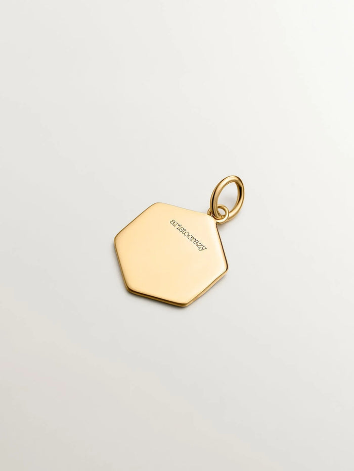Charm de plata 925 bañada en oro amarillo de 18K con inicial S y esmalte blanco con forma hexagonal