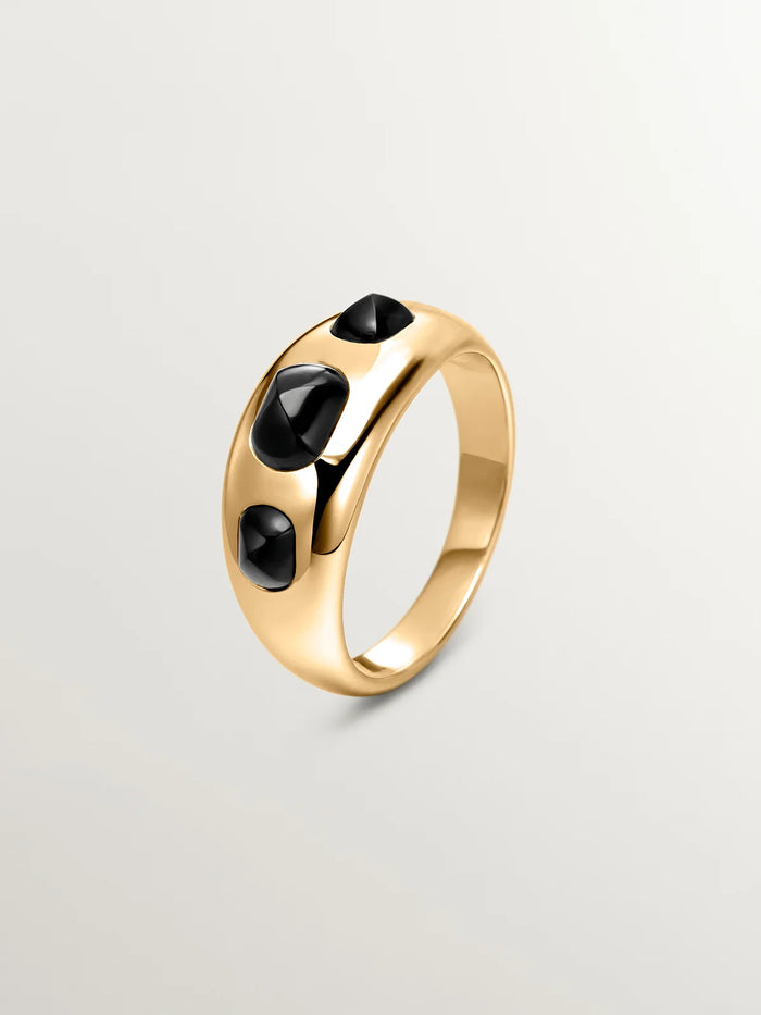 Anillo de plata 925 bañada en oro amarillo de 18K con ágatas negras