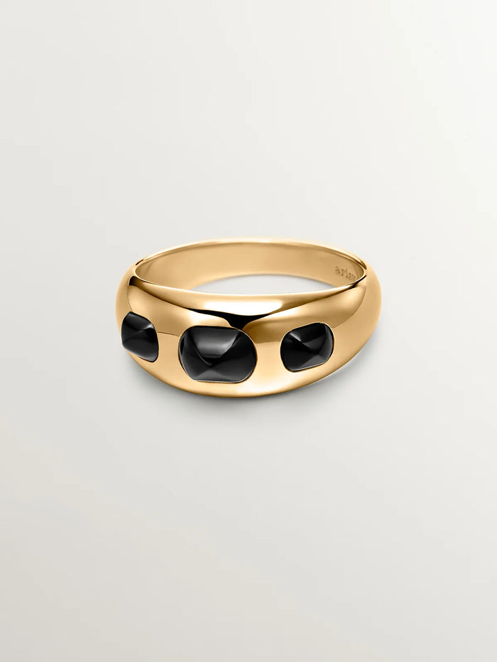 Anillo de plata 925 bañada en oro amarillo de 18K con ágatas negras