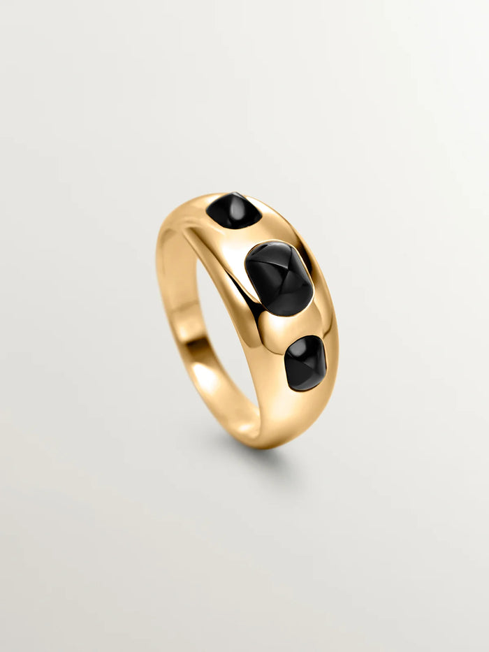 Anillo de plata 925 bañada en oro amarillo de 18K con ágatas negras