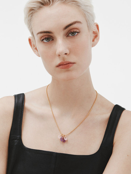 Collar de plata 925 bañada en oro amarillo de 18K con amatista morada y ágata rosa