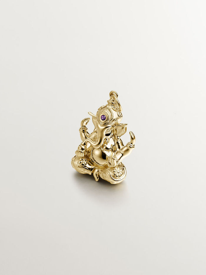 Charm de plata 925 bañada en oro amarillo de 18K con rodolita rosa y forma de elefante