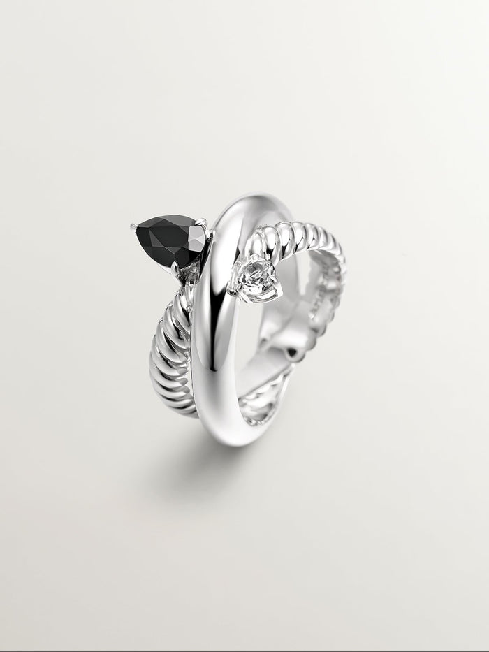 Anillo multibrazo de plata 925 con espinela negra y topacio blanco