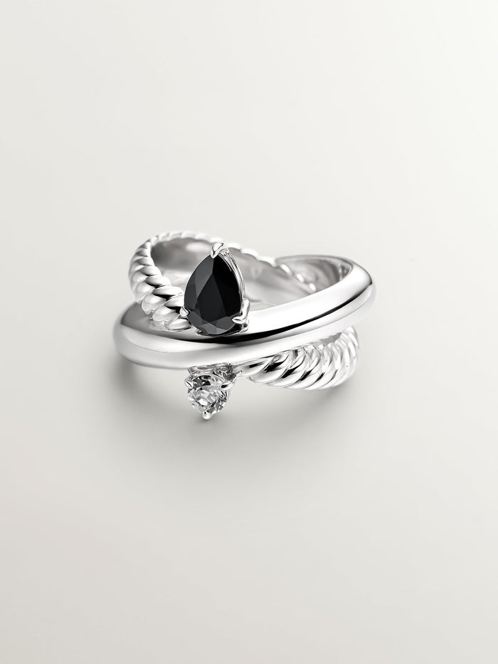 Anillo multibrazo de plata 925 con espinela negra y topacio blanco