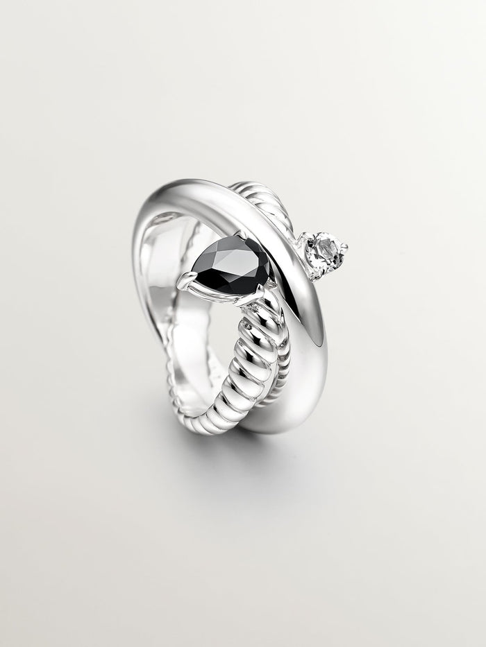 Anillo multibrazo de plata 925 con espinela negra y topacio blanco