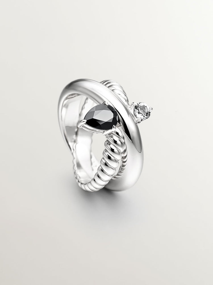 Anillo multibrazo de plata 925 con espinela negra y topacio blanco