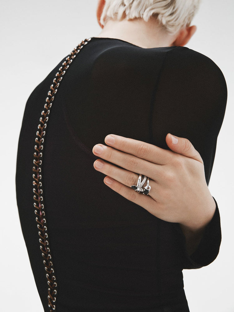 Anillo multibrazo de plata 925 con espinela negra y topacio blanco