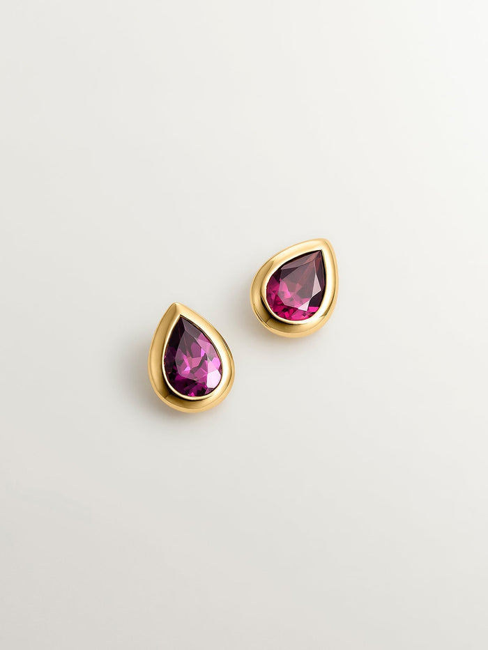 Pendientes de plata 925 bañada en oro amarillo de 18K con rodolitas rosas