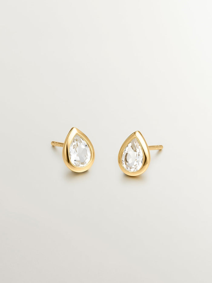 Pendientes de plata 925 bañada en oro amarillo de 18K con 2 topacios blancos