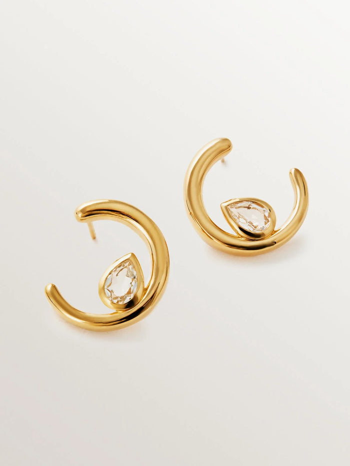 Pendientes de aro de plata 925 bañada en oro amarillo de 18K con 2 topacios blancos