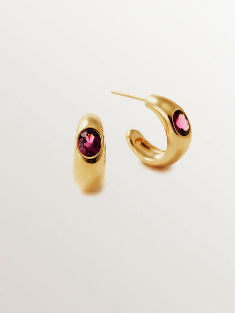 Pendientes de aro de plata 925 bañada en oro amarillo de 18K con 2 rodolitas rojas
