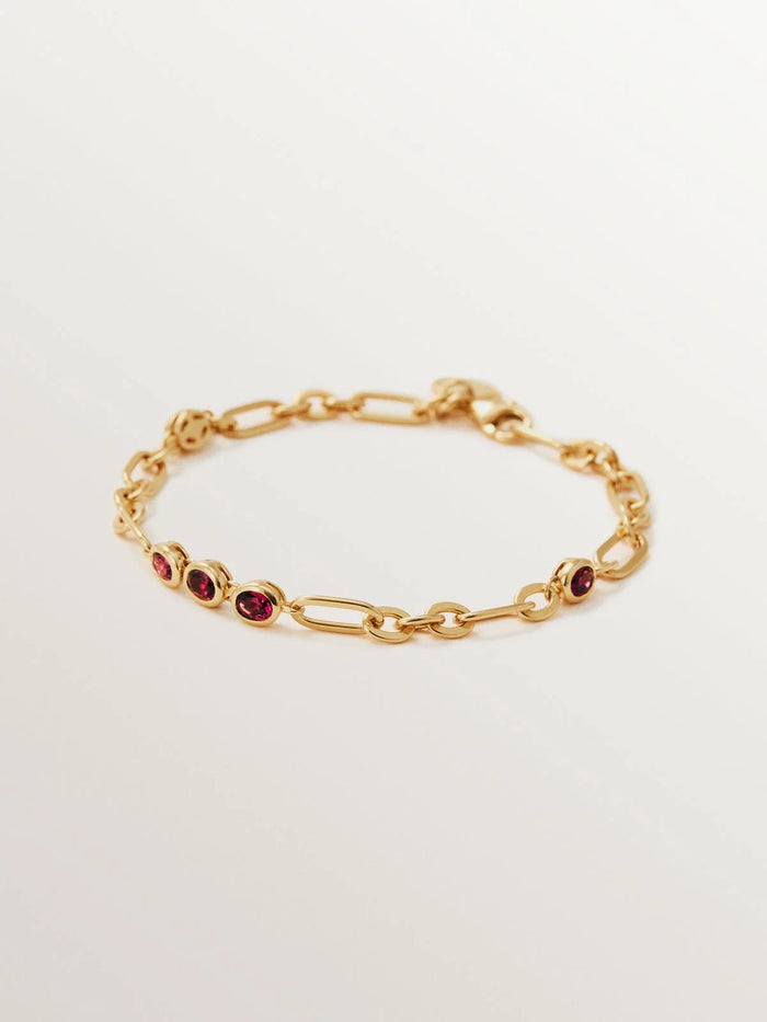 Pulsera de cadena de plata 925 bañada en oro amarillo de 18K con rodolitas rojas