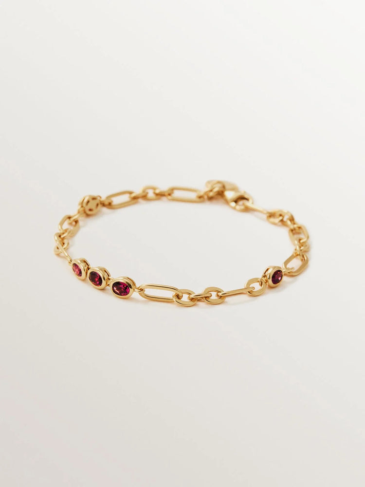 Pulsera de cadena de plata 925 bañada en oro amarillo de 18K con rodolitas rojas