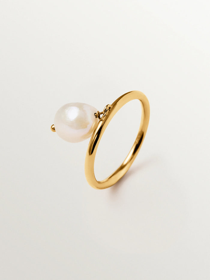 Anillo con perla colgante de plata 925 bañada en oro de 18K