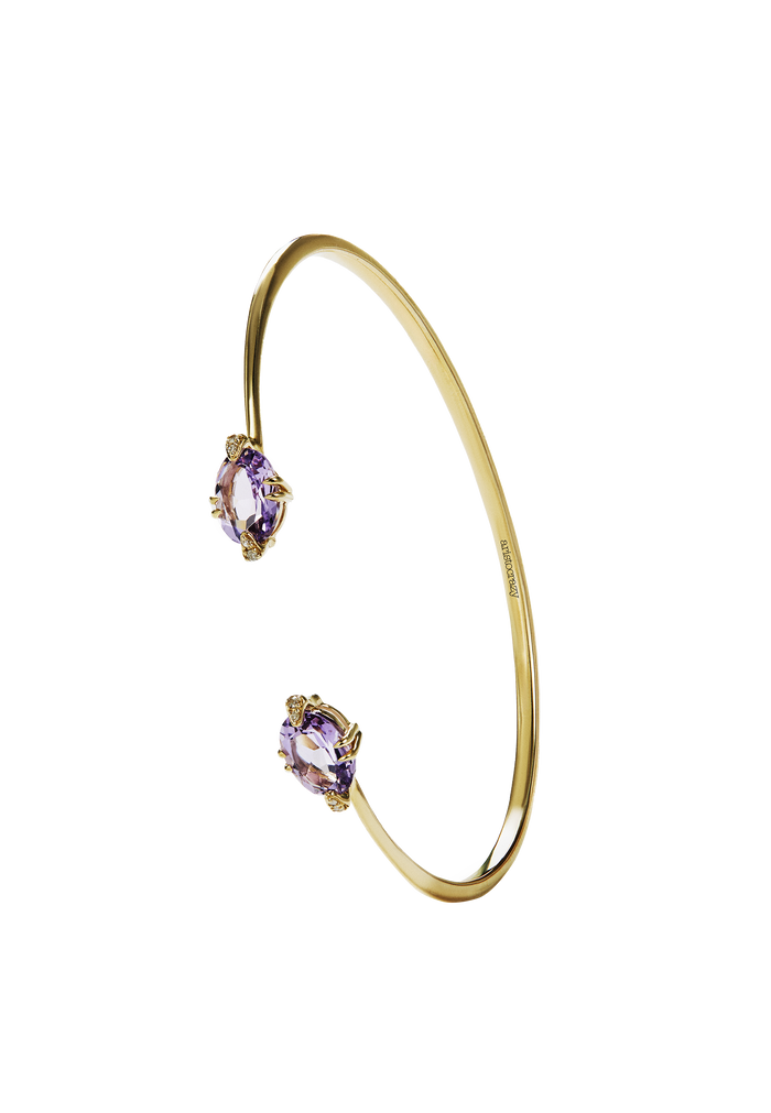 Pulsera abierta de oro amarillo de 9K con amatistas rosas y diamantes